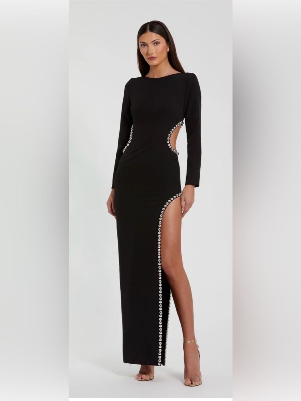 IEENA FOR MAC DUGGAL
Black Crepe Long Sleeve Gown With Beaded Cut Outs